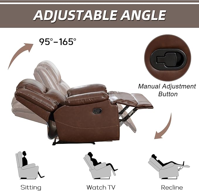 EBELLO Genuine Leather Manual Recliner Chair, Reclining Sofa Chair Couch for Living Room, Bedroom Furniture, Meeting Room, Brown-Ruum Studio Home