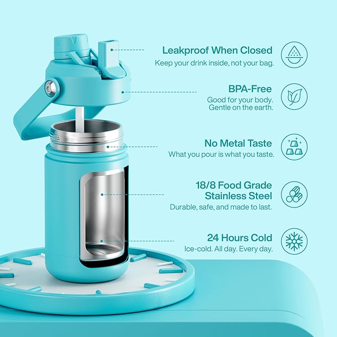 Kids Insualated Water Bottle with Straw - 12oz Stainless Steel Water Bottle with Dual Spouts, Leak-Proof, BPA-Free, Double Wall Vacuum Keeps Cold for 24 Hours for Sports, Travel (Aquamarine Blue)-Ruum Studio Home