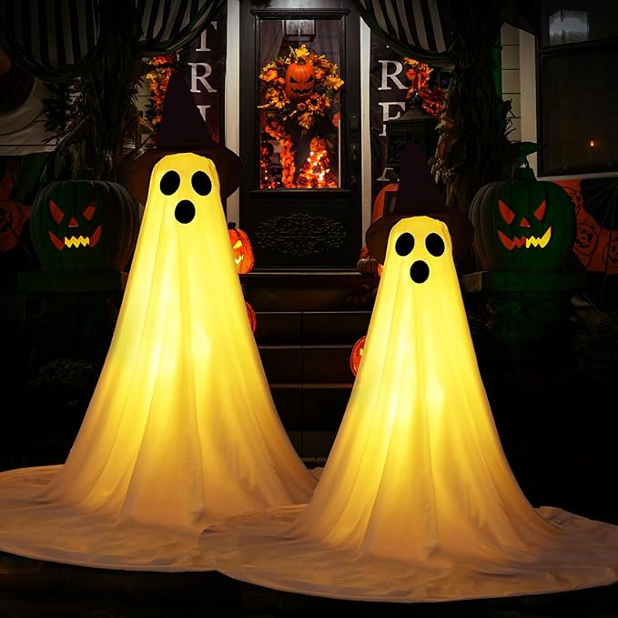 2 Packs Halloween Ghost Outdoor Decorations, 59” Light Up Ghost Decor with Remote Control, Adjustable Height Standing Halloween Lighted Ghost Kit with Witch Hat Ideal for Porch, Garden, Yard-Ruum Studio Home