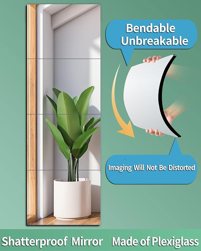 Shatterproof Wall Mirror Full Length for Bedroom, Acrylic Gym Mirrors For Home, Extra Thick: 0.1 inch, 10 x 10 inch x 4 Pcs, Workout Mirrors Safe for Kids, Over The Door, Long Wall Mounted-Ruum Studio Home