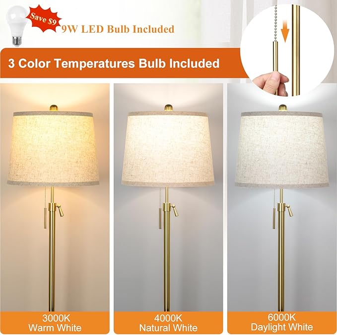 Gold Floor Lamp for Living Room 55-65" Adjustable Modern Brass Standing Lamp with Pull Chain Tall Pole Light with Beige Shade for Bedroom Reading Office Corner Nursery 9W LED Bulb Included 3 ColorTemp-Ruum Studio Home