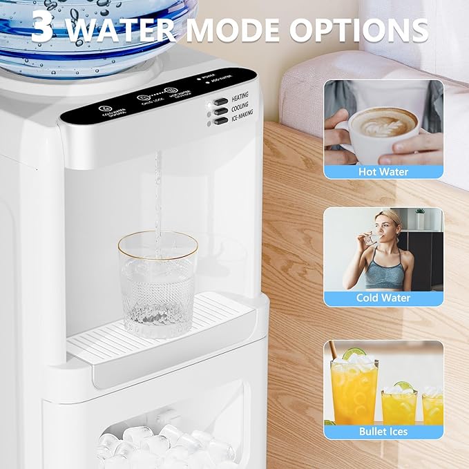 COWSAR 3-in-1 Water Cooler with Ice Maker, Hot & Cold Top Loading, Water Dispenser for 5 Gallon Bottle, 33LBS/24H Ice Maker with Child Safety Lock, White-Ruum Studio Home