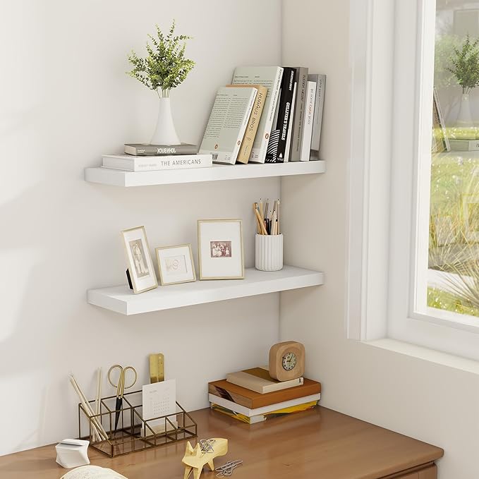 Fun Memories Floating Shelves for Wall, 22.5" Rustic Wood Deep Wall Mounted Shelves with Invisible Brackets for Decor & Storage, Floating Shelf for Living Room, Bathroom (White, Set of 2)-Ruum Studio Home