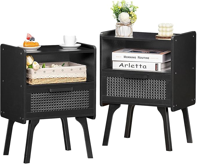 Lerliuo Rattan Nightstands Set of 2, Boho Side Table with Drawer Open Shelf, Cane Accent Bedside End Table with Solid Wood Legs for Bedroom, Dorm and Small Spaces (Black)-Ruum Studio Home