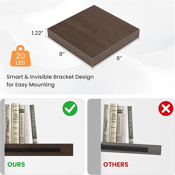 Square Floating Shelves for Wall, 8" W x 8" D x 1.2" H, Small Wooden Wall Mounted Display Shelves with Invisible Brackets for Living Room, Bedroom, Bathroom, Kitchen Decor, Set of 4, Walnut-Ruum Studio Home
