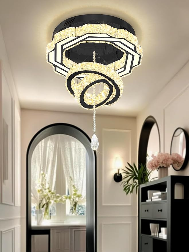 Flashing God Dia 20" Modern Chandeliers for Dining Room Black Flush Mount Ceiling Chandeliers LED Dimmable Pendant Lighting Crystal Ceiling Light Fixture for Living Room Bedroom Hallway 2700K-6000K-Ruum Studio Home