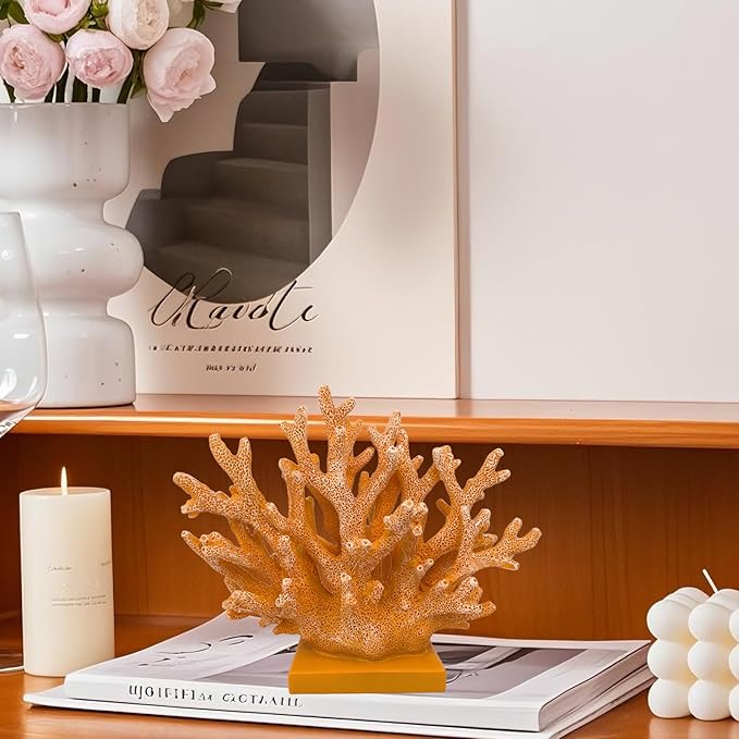 5.8" H Orange Coral Decor - Resin Coral Statue, Nautical Decor for Home, Bedroom, Bathroom, Living Room, Ocean Themed Cabinet Shelf Tabletop Decoration-Ruum Studio Home