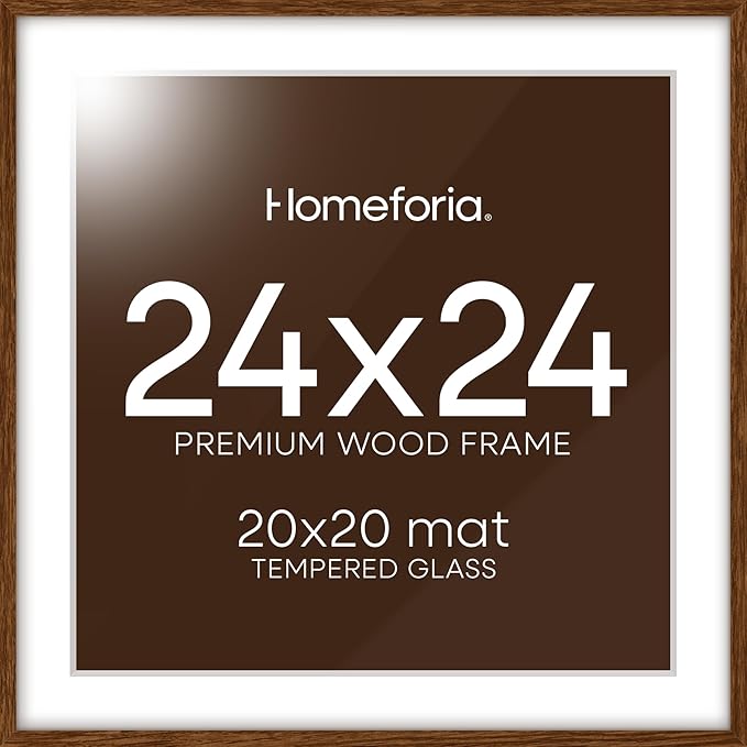 Homeforia 24x24 Picture Frame Brown, High End Dark Oak 24 x 24 Square Wood Frame with Mat 20 x 20 for Photo, 24by24 Wooden Walnut Poster Frame Matted to 20x20 Print, Tempered Glass, Wall Kit, Set of 1-Ruum Studio Home
