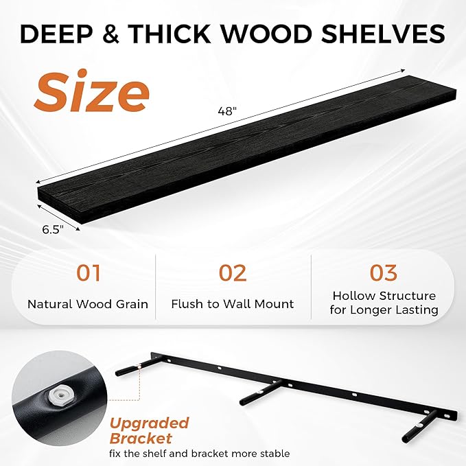 Floating Shelves for Wall, 48 Inch Floating Shelves for Home Decor, Wall Mounted Rustic Wood Shelves, Bathroom, Hanging Deep Shelf for Bedroom, Living Room, Kitchen (Black, Set of 2)-Ruum Studio Home