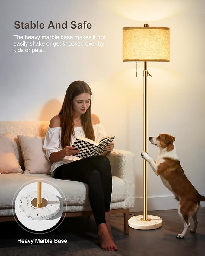 Modern Gold Floor Lamp for Living Room - Adjustable Height Standing Lamp with Marble Base & Linen Shade, 3-Way Dimmable Tall Floor Light for Bedroom, Reading, Bulb Included-Ruum Studio Home