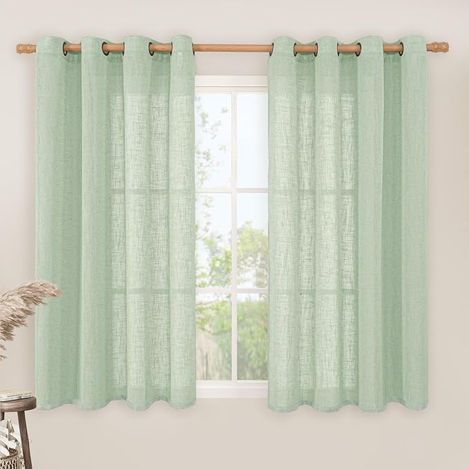 LAMIT Semi Sheer Linen Curtains 45 Inches Long, Light Filtering Panels Bronze Grommet Neutral Drapes for Kitchen/Window/Bedroom, Fresh Green, 2 Panels, 52 x 45 Inch-Ruum Studio Home
