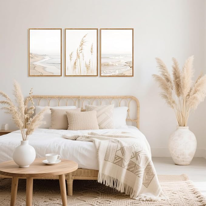 HPNIUB Modern Beach Artwork Seascape Wall Art, Seaside Framed Painting Reed Pathway Picture, Minimalist Neutral Coastal Landscape Wall Decor for Living Room,Bathroom -24'' x36'' x3-Ruum Studio Home