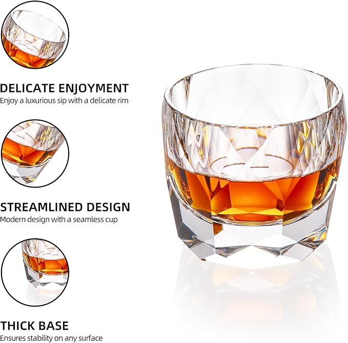 KAMMAK Crystal Whiskey Glasses Set of 2, 7.1oz Old Fashioned Glasses Stemless, Hand Blown White Cocktail Glasses, Luxury Handcrafted Cut Ice Ball Cup for Women, Perfect Men Gift for Bourbon-Ruum Studio Home
