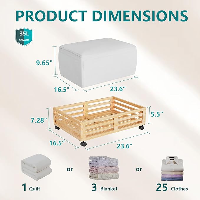 Bamboo Under Bed Storage Containers- Underbed Organizer with Wheels with Large Dust Bag,Sturdy Wood Rolling Under the Bed Shoe Storage Organizer Drawer 2 Packs (Nature, Small)-Ruum Studio Home