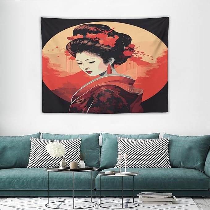 Japanese Woman Geisha Tapestry Asian Cherry Blossom Red Sun Traditional Kimono Folk Tapestries Home Decor for Living Room Bedroom Apartment Farmhouse Dorm 40"x30"-Ruum Studio Home