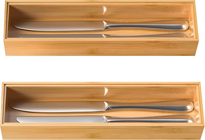 Silverware Tray for Drawer, Stackable Kitchen Bamboo Drawer Organizer 12" x 3" x 2" Set of 2-Ruum Studio Home