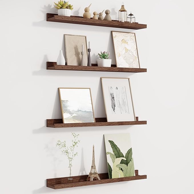 Picture Ledge Shelf for Wall, Floating Shelves Set of 4, 24 Inch Long Nursery Book Shelves for Toys Storage, Kids Bookshelf Wall Mounted for Books Photo Frames, Walnut-Ruum Studio Home