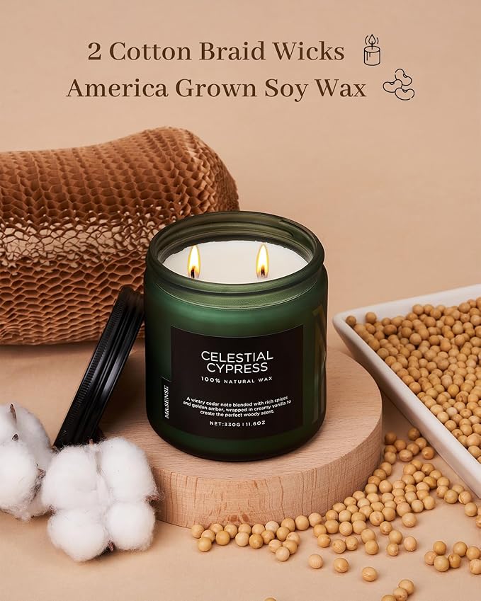 M&SENSE Celestial Cypress - Cedarwood Spice Scent Natural Soy Wax Highly Scented Candle, 11.6oz 2 Wick 70 Hours Long Lasting Candle Woody Scent Gifts for Dad-Ruum Studio Home