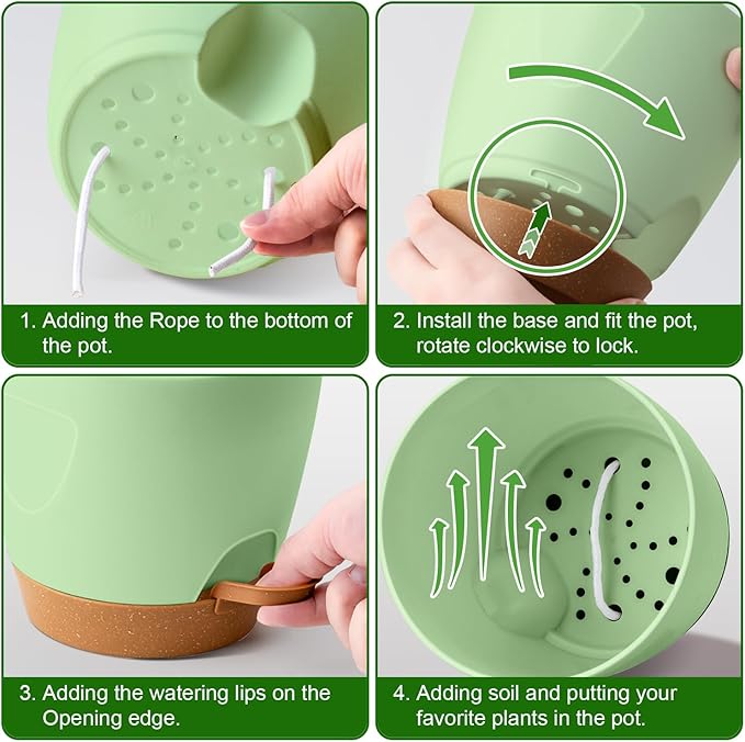 Uneed Indoor Self Watering Planters with Drainage Holes and Saucers, 7/6.5/6/5.5/5 Inch-5 Pots,for Indoor Plants, Herbs, Succulents-Green-Ruum Studio Home