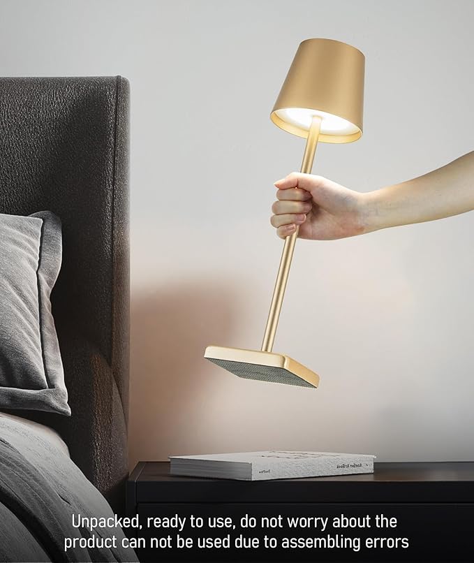 HASUN 2 Pack Rechargeable Table Lamp, LED Cordless Desk Lamp, 5200mAh Battery Operated Table Light, Aluminum Shell, 3 Color Stepless Dimming Up Waterproof for Coffee Table/Indoor/Outdoor (Gold)-Ruum Studio Home
