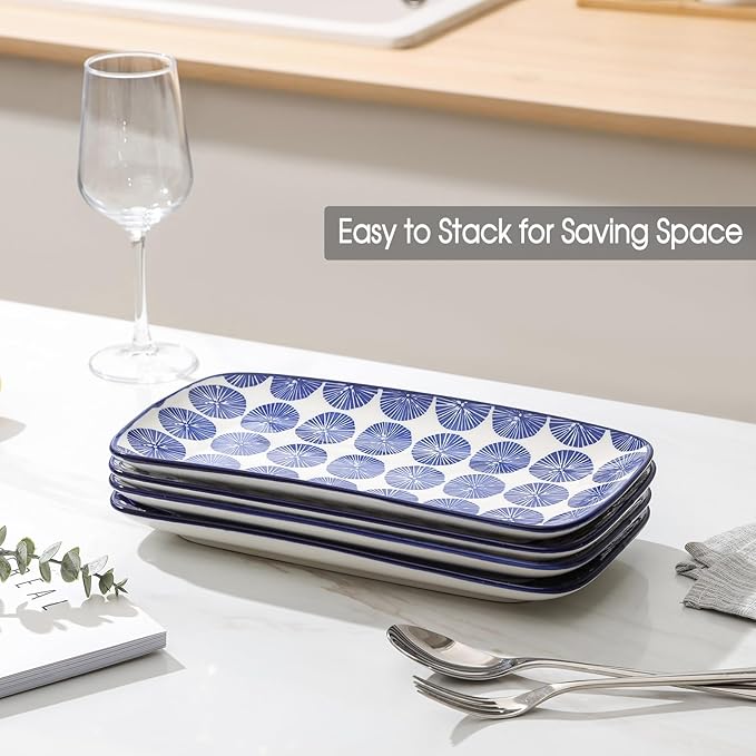Selamica Ceramic Serving Platters, 14 Inch Serving Trays for Party Entertaining, Large Rectangular Serving Plates for Appetizer, Charcuterie, Dessert, Fruit, Set of 4, Vintage Blue-Ruum Studio Home
