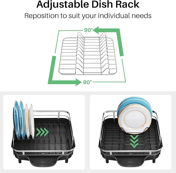 Dish Drying Rack, Expandable Dish Rack for Kitchen Counter, Stainless Steel Dish Drainer with Drainboard Set and Utensil Holder (Black)-Ruum Studio Home