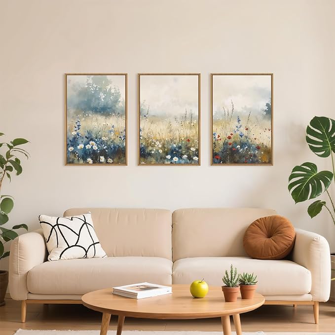 Celestdeco Nature Wildflower Framed Canvas Wall Art Set, Pastoral Landscape Wall Decor, Colorful Meadow Wall Painting, Rustic Floral Art Print for Living Room, Bedroom, Office - 24"X36"X3-Ruum Studio Home