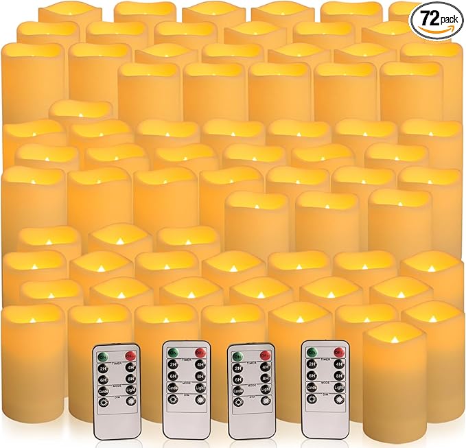 72-Pack Realistic Flameless LED Candle, Battery Operated with Remote Control, 3D Flame Pillar Timer Funtion Melted Top Safe,Perfect for Indoor/Outdoor Decor,Wedding,BBQ and Gift.-Ruum Studio Home