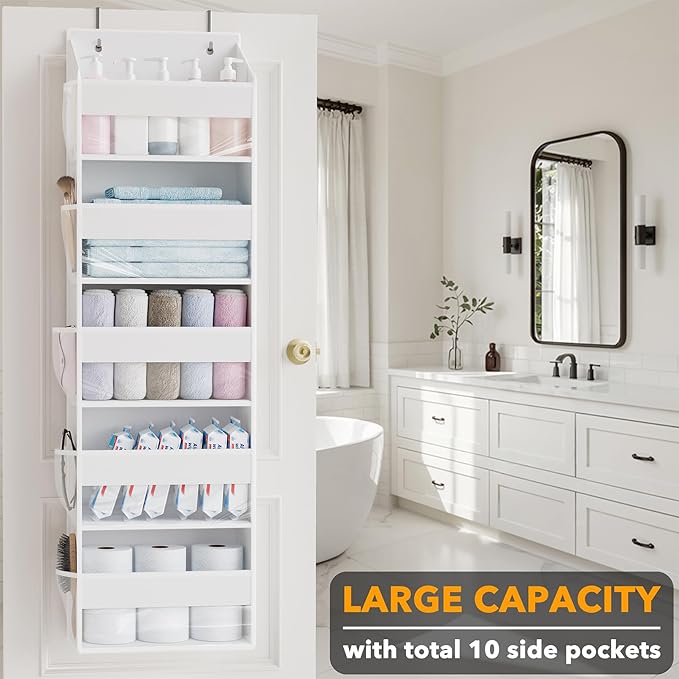 SpaceAid 2 Pack Over The Door Organizer with 5 Large Pockets and 10 Mesh Side Pockets, 5 Layers Door Organizer Hanging with Clear Window for Bedroom, Bathroom, Pantry and Nursery, White-Ruum Studio Home
