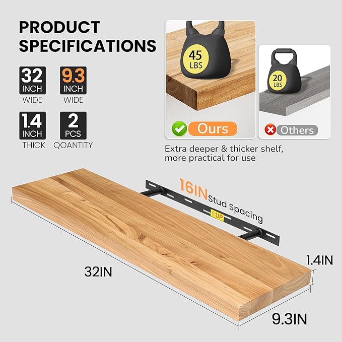 Floating Shelves for Wall, 32"W x 9.3"D x 1.5"H Rustic Solid Elm Wood Wall Shelves, Set of 2 with Invisible Heavy-Duty Metal Bracket, Deep Floating Shelf for Living Room Kitchen, Natural-Ruum Studio Home