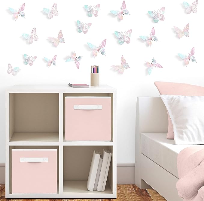 SAOROPEB 3D Wall Decor - 48 Pcs, 4 Styles, 3 Sizes - Laser Pink Butterfly Decorations for Birthday Parties, Removable Stickers