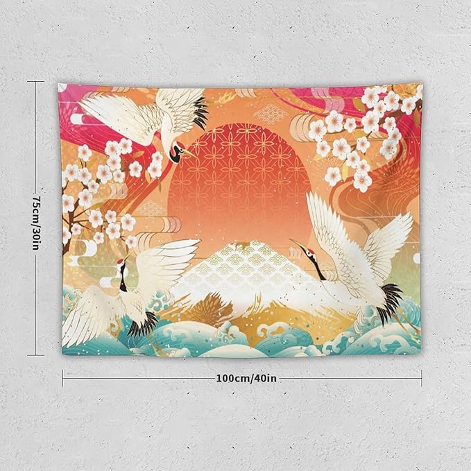 HZOHNAGO Japanese Tapestry Cherry Blossom Crane Sea Wave Fuji Mountain Red Sun Pattern Printed Wall Tapestry Painting Wall Hanging for Bedroom Living Room Dorm 40" W x 30" H-Ruum Studio Home