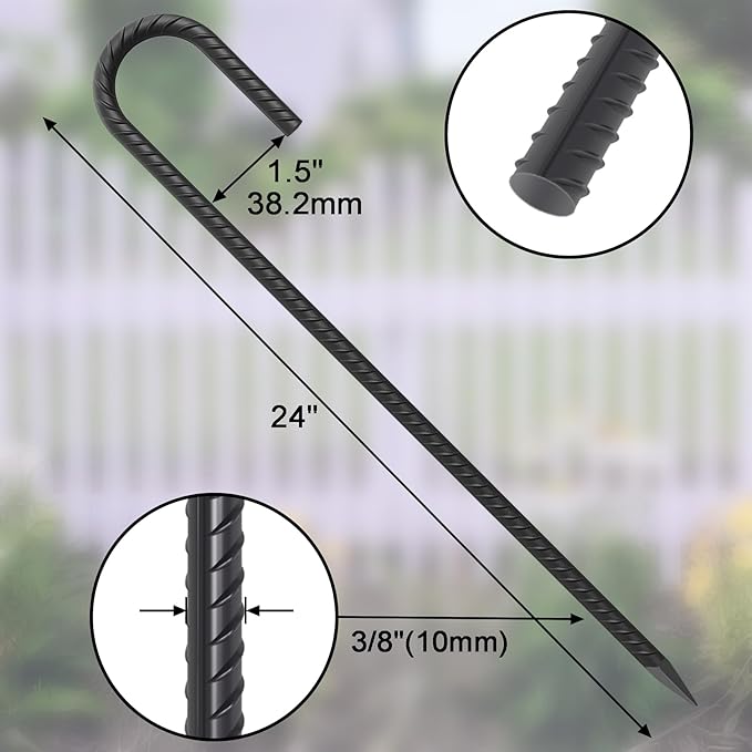 24 Pack J Hook Rebar Stakes 24 Inch 3/8 Inch Diameter Metal Stakes for Ground Heavy Duty with Chisel Point End Chain Link Fence Stakes for Swing Set, Gazebo and Bounce House, Black-Ruum Studio Home