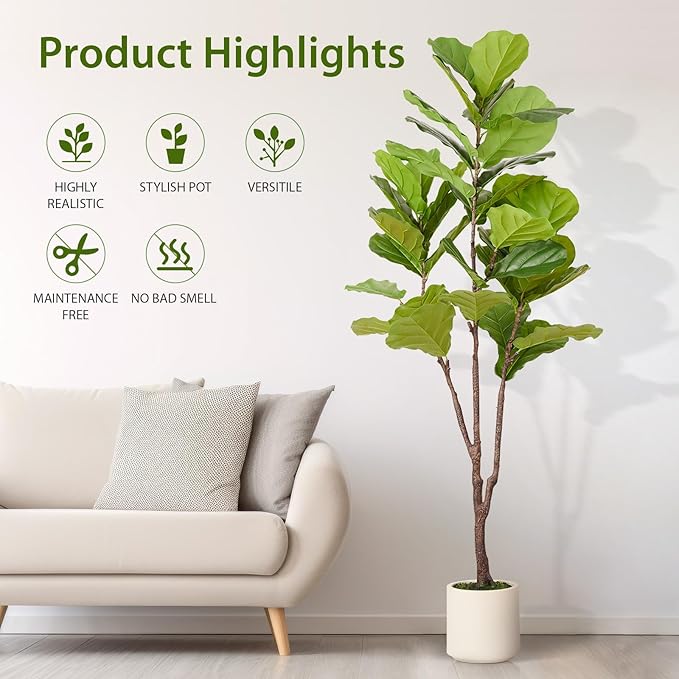 Artificial Fiddle Leaf Fig Tree, 6FT Faux Ficus Lyrata Plant with Realistic Leaves, Lifelike Home Decor Faux Tree in Stylish Pot for Indoor, Office, Living Room Decor (6ft)-Ruum Studio Home