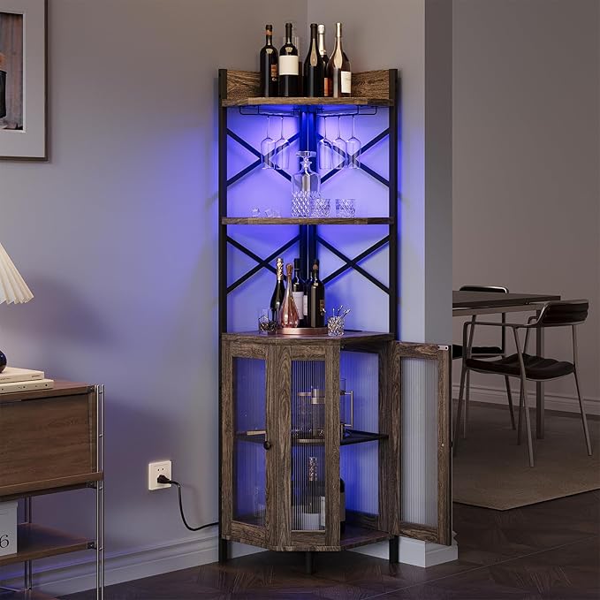 Corner Bar Cabinet with Power Outlet, 5-Tier Corner Wine Cabinet with Led Strip and Glass Holder, Industrial Tall Liquor Cabinet Bar Wine Rack for Home, Grey Oak-Ruum Studio Home