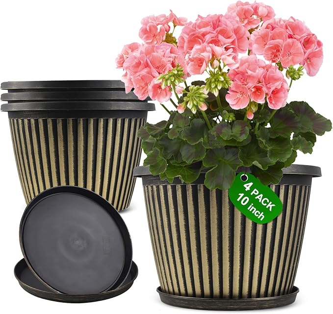 Planter-Pots-for-Plants-Indoor-Outdoor, 4 Pack 10 Inch Plastic Flower Pots with Saucer & Drainage Holes, Modern Garden Planters for Planting Medium Large Plants，Decorative Resin Garden Pots-Ruum Studio Home