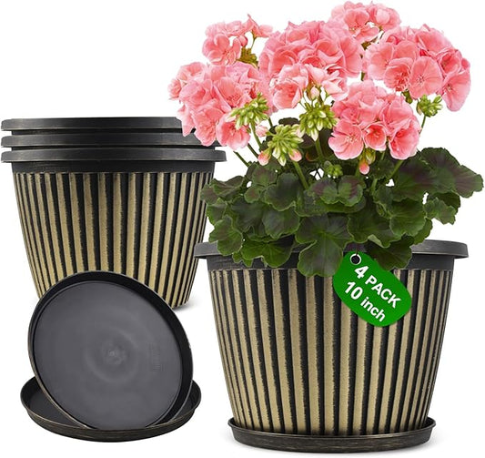 Planter-Pots-for-Plants-Indoor-Outdoor, 4 Pack 10 Inch Plastic Flower Pots with Saucer & Drainage Holes, Modern Garden Planters for Planting Medium Large Plants，Decorative Resin Garden Pots-Ruum Studio Home