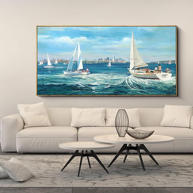 XLSJERST Large Blue Canvas Wall Art Seascape Painting - Landscape Picture Textured Navy Modern Sailboat Ocean Artwork Framed for Living Room Bedroom Bathroom Home Office Wall Decor Large Size 29"x58"-Ruum Studio Home