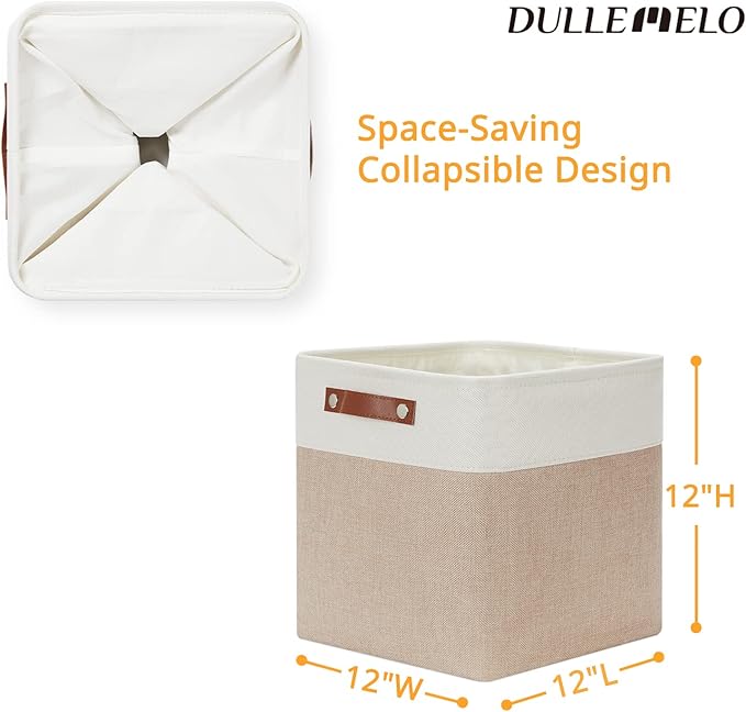 DULLEMELO Cube Storage Bins - 4 Pack Foldable Large Storage Baskets 12 inch Gifts Empty Fabric Bins for Home Office Cubes Organizer Closet, Shelves, Toy, Nursery (4 Pack - 12" White&Khaki)-Ruum Studio Home