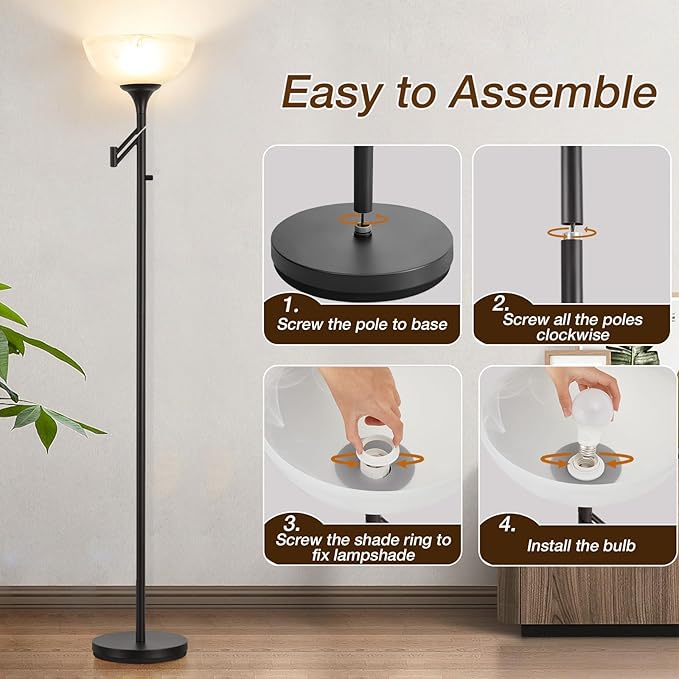 Floor Lamps for Living Room Black, 70" Tall Standing Lamp with Glass Shade, Torchiere Floor Lamp with 350°Adjustable Swing Arm Lamp, Pole lamp for Bedroom, Living Room, Office, Bulbs Included-Ruum Studio Home