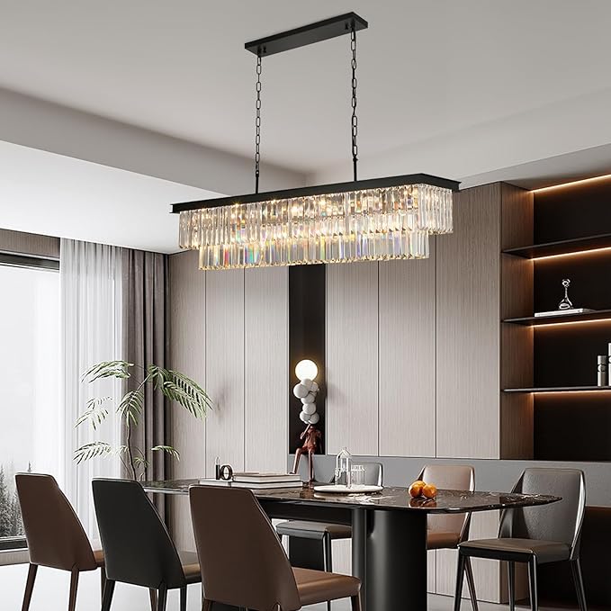 Crystal Chandeliers for Dining Room Light Fixtures Over Table，18-Lights Black Modern Rectangle Chandeliers for Kitchen Island Bar L46 Inch-Ruum Studio Home