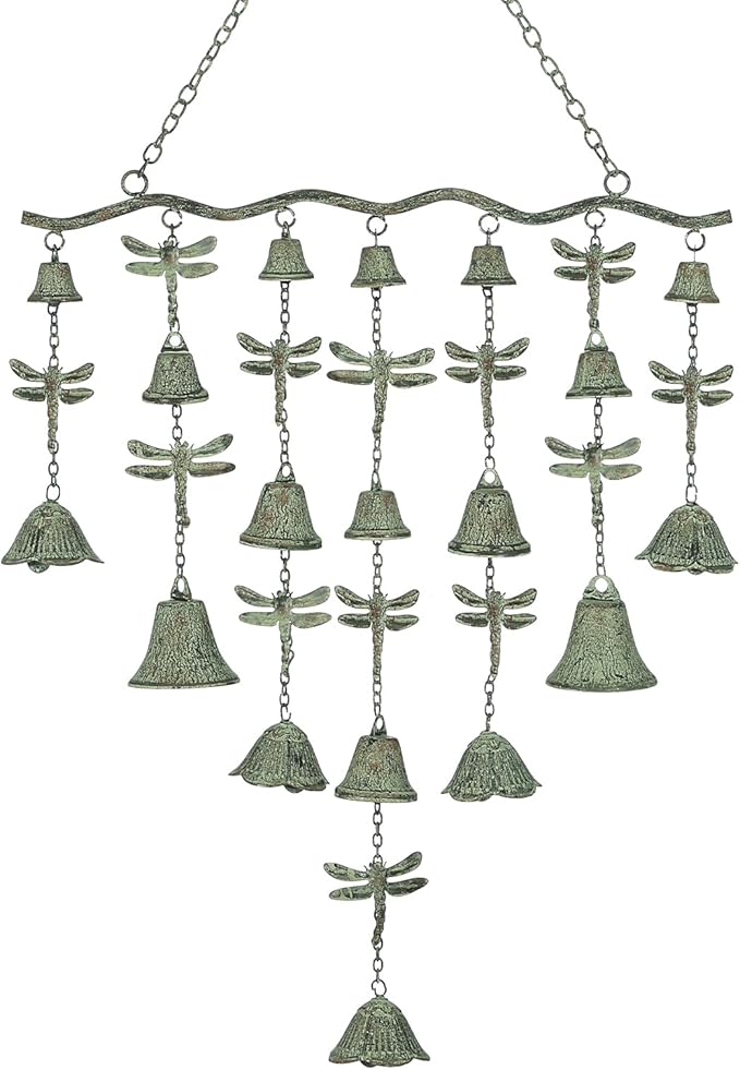 Dragonfly Wind Chimes for Outside, Large Strung Verdigris Windchimes with Wrought Iron Bell for Garden, Patio, Porch Outdoor Decor, Memorial Sympathy-Ruum Studio Home