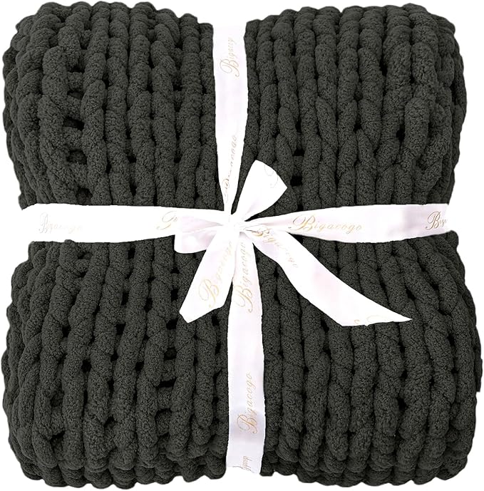 Bigacogo Chunky Knit Throw Blanket for Couch, 60x80 inches, 100% Hand Knitted with Thick Jumbo Chenille Yarn, Cozy Soft Large Rope Knot Cable Crochet Blankets for Sofa Bed Living Room, Dark Grey-Ruum Studio Home