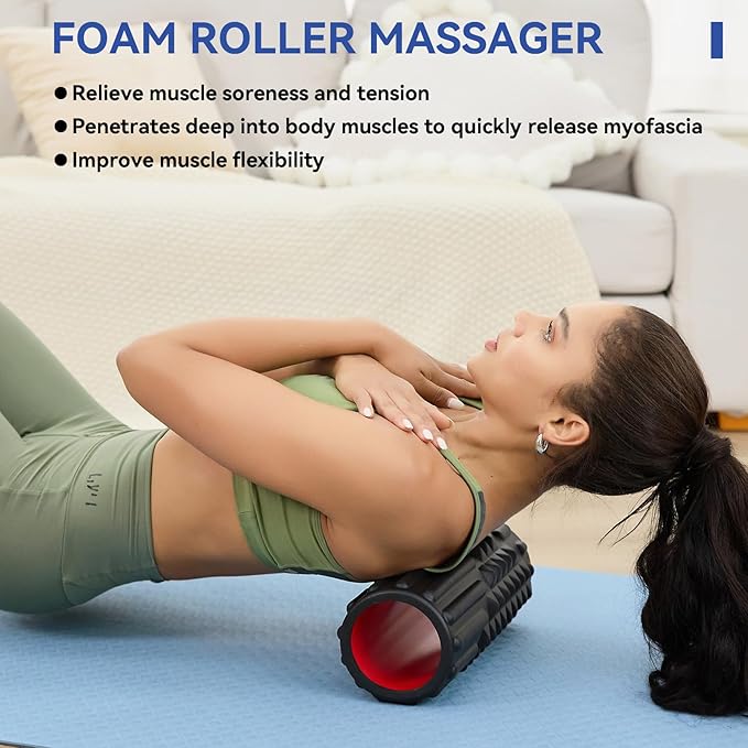 5 in 1 Foam Roller Set, High Density Foam Roller, Muscle Roller Stick, Massage Ball, Resistance Band for Physical Therapy & Deep Tissue Muscle Massage (Black)-Ruum Studio Home