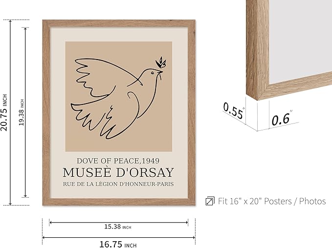 Poster Master Vintage Poster - Retro Minimalist Print - Gift for Artist, Friend - Dove Of Peace, Line Drawing, Sketch, Abstract - Wall Decor for Living Room, Bedroom, 16x20 Beige Framed-Ruum Studio Home