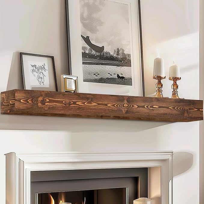 72x8x5 Fireplace Mantel - Handcrafted Hollow Rustic Solid Wood Wall Mounted Floating Shelf with Invisible Heavy Duty Wood Bracket (Weathered Brown)-Ruum Studio Home