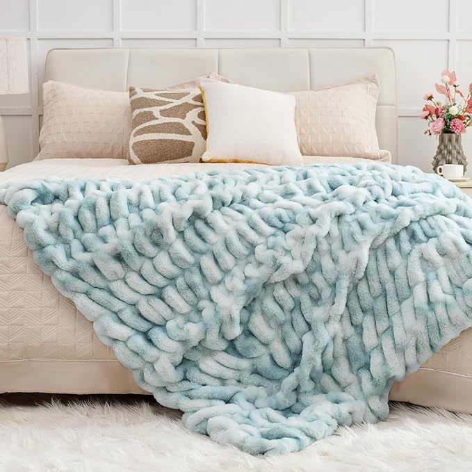 Ultra Soft Luxury Faux Fur Twin Blanket for Counch,Fuzzy Fluffy Plush Warm Cozy Elegant Wrinkled Blanket for Sofa Bedroom Living Room,（60"x80",Tie-dye Freshwater Blue）-Ruum Studio Home