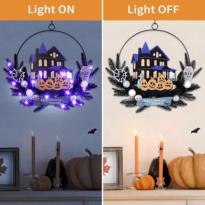 Lighted Halloween Wreaths for Front Door, Welcome Metal Wooden Door Wreath Decor Hanging Sign, 30 LED Lighted Wall Decor Battery Operated for Halloween Indoor Outdoor (Pumpkin)-Ruum Studio Home