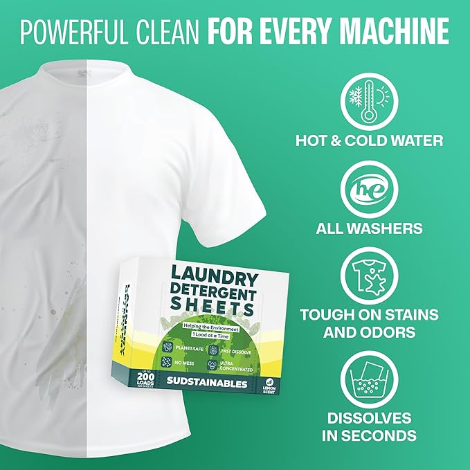 Sudstainables Laundry Detergent Sheets (200 Loads) – Eco-Friendly, Zero Waste, Plastic-Free Laundry Washing Machines Soap Sheets; Dissolvable, Space-Saving Strips for Travel (Lemon)-Ruum Studio Home