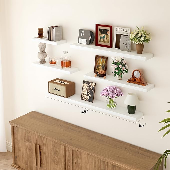 BGMG Floating Shelves for Wall 48 inch Long,Rustic Solid Wooden Deep Wall Shelves for Bathroom Living Room Bedroom Kitchen Farmhouse Set of 2-48x6.7x1.25 inch- White-Ruum Studio Home